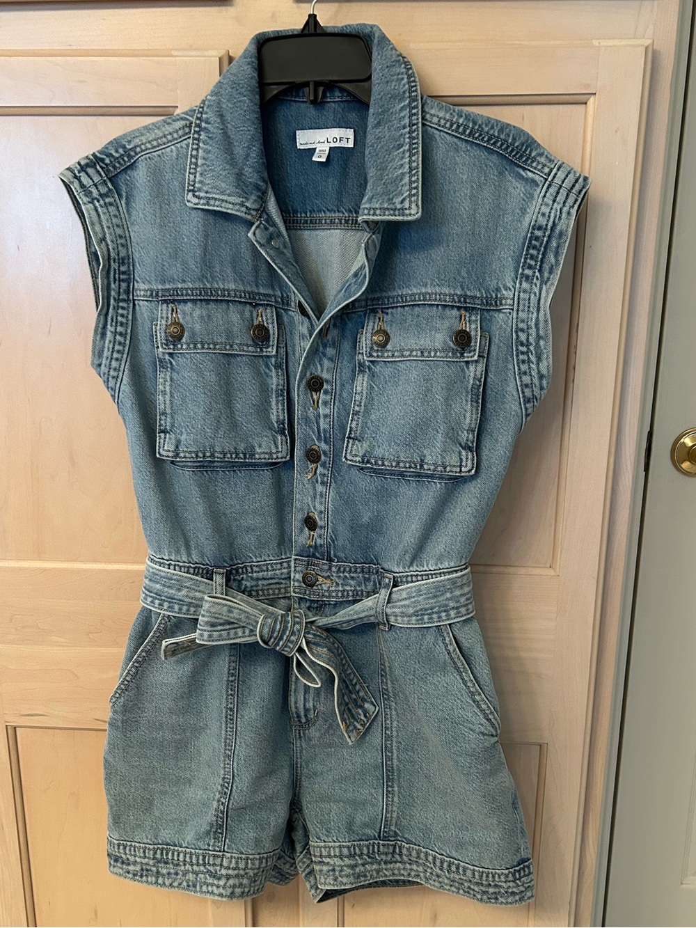 LOFT Light Blue Sleeveless Denim Romper with Tie Waist